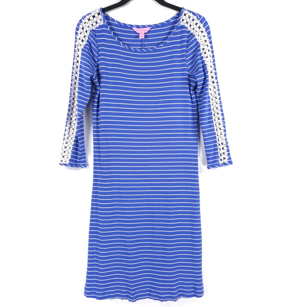 Lilly Pulitzer MARLOWE BECKON Blue BREEZE Striped Rib Knit Dress Crochet SMALL - Picture 4 of 15